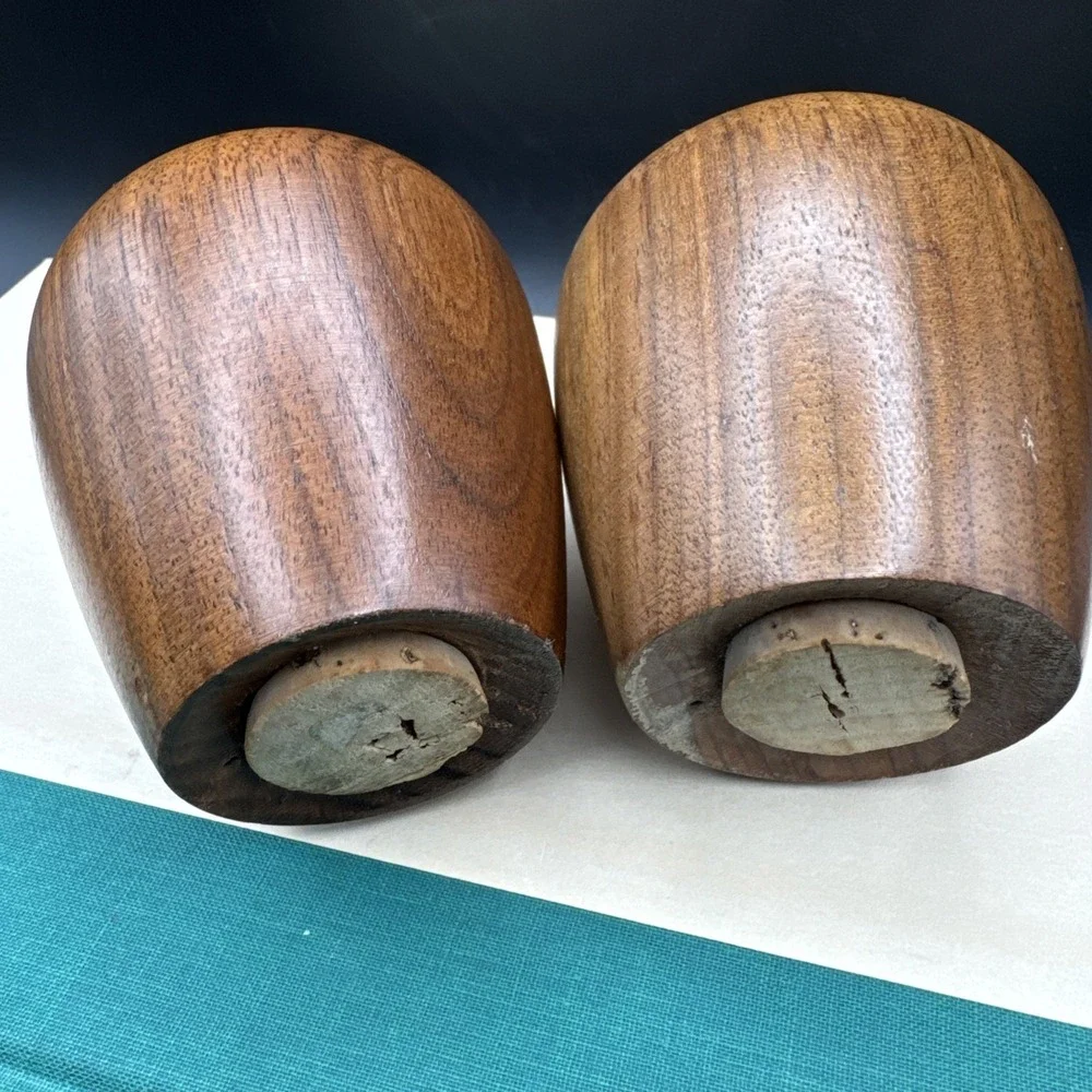 Salt & Pepper Shakers Set Carved Apple Wood w Cork‎ Stoppers Vintage 60s MCM